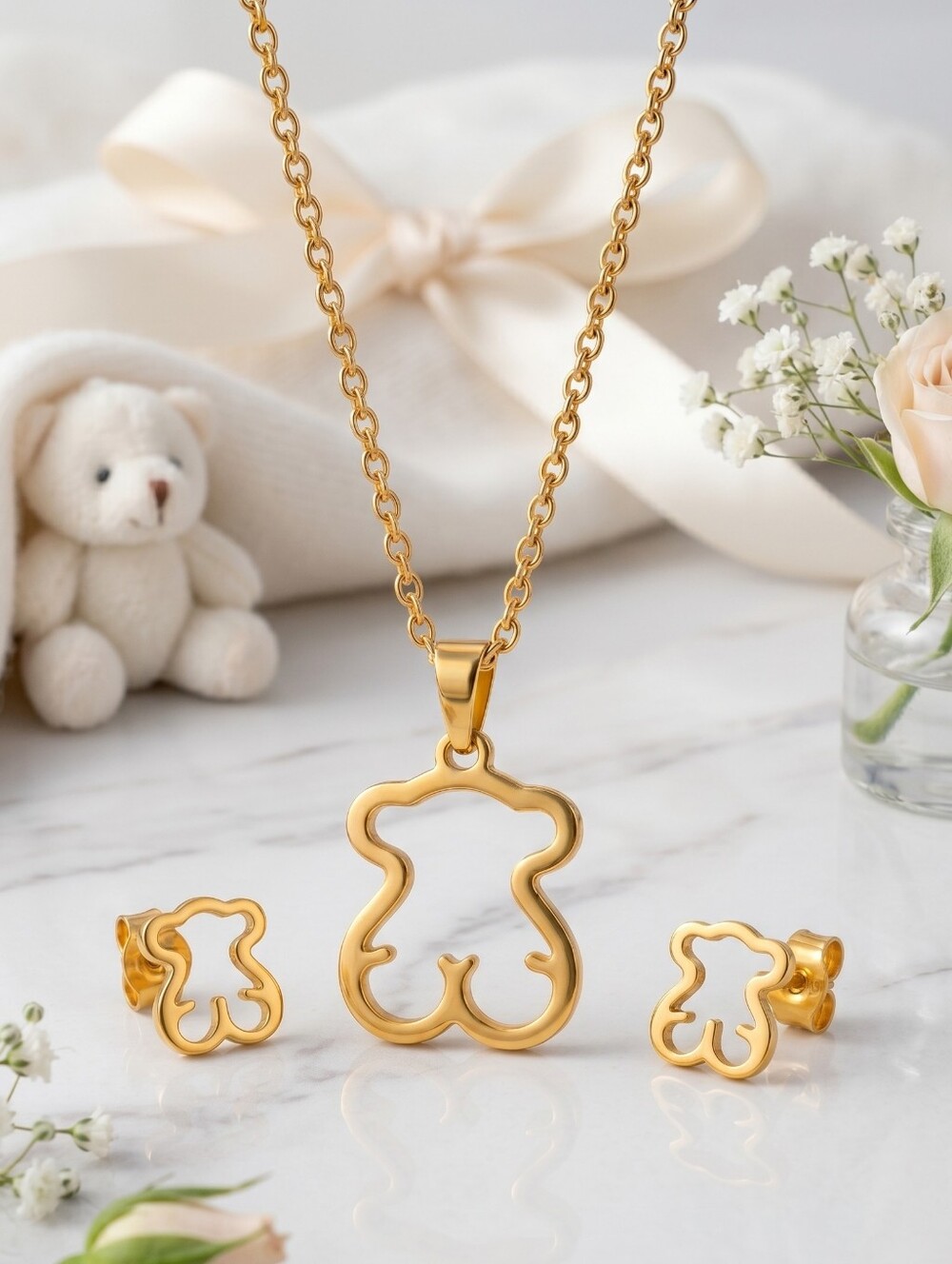 18K Gold Plated SS Bear Pendant Necklace and Stud Earrings Set Coquette Y2K